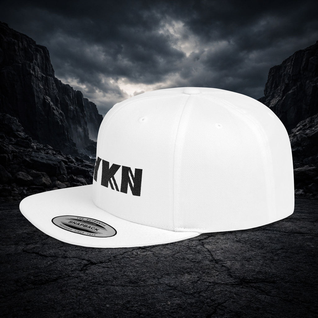 VYKN™ black flat bill snapback hat with bold logo on structured crown