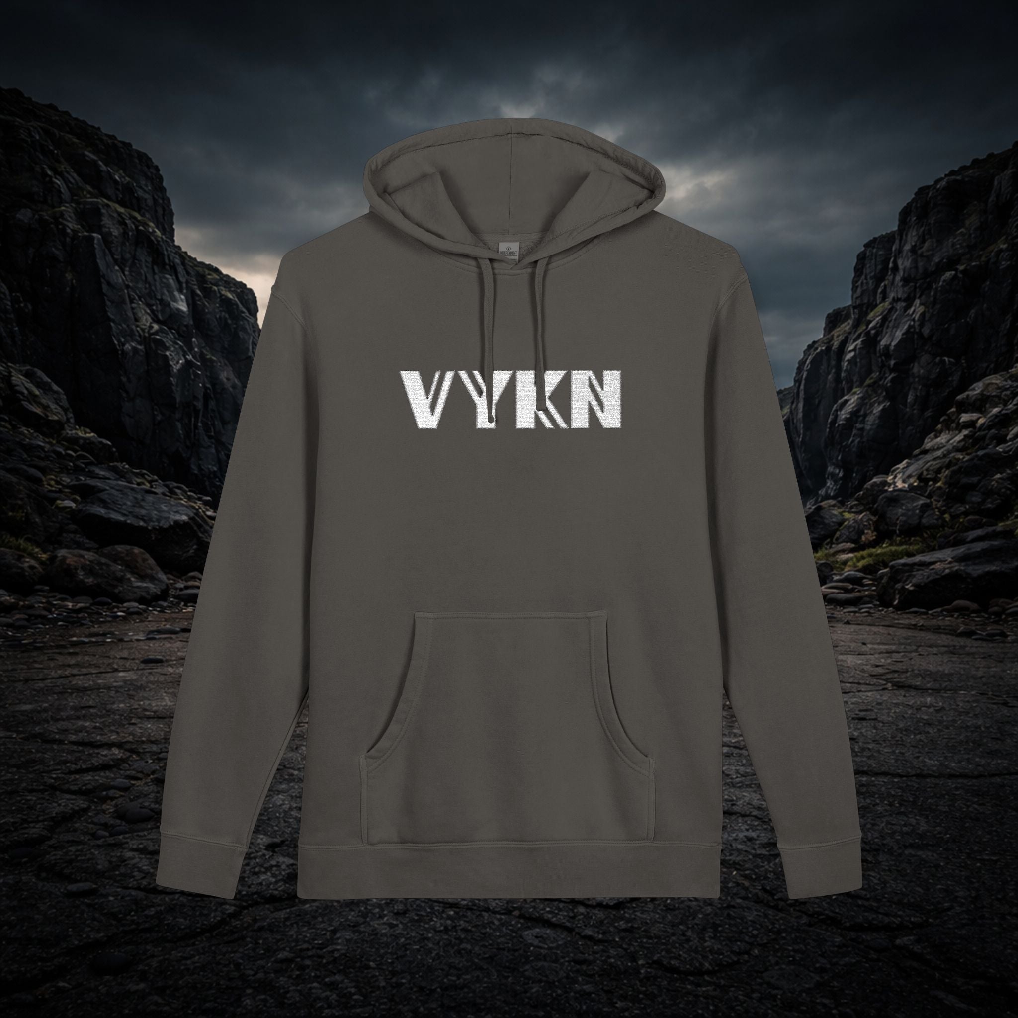 VYKN distressed embroidered hoodie in washed black with vintage worn detailing