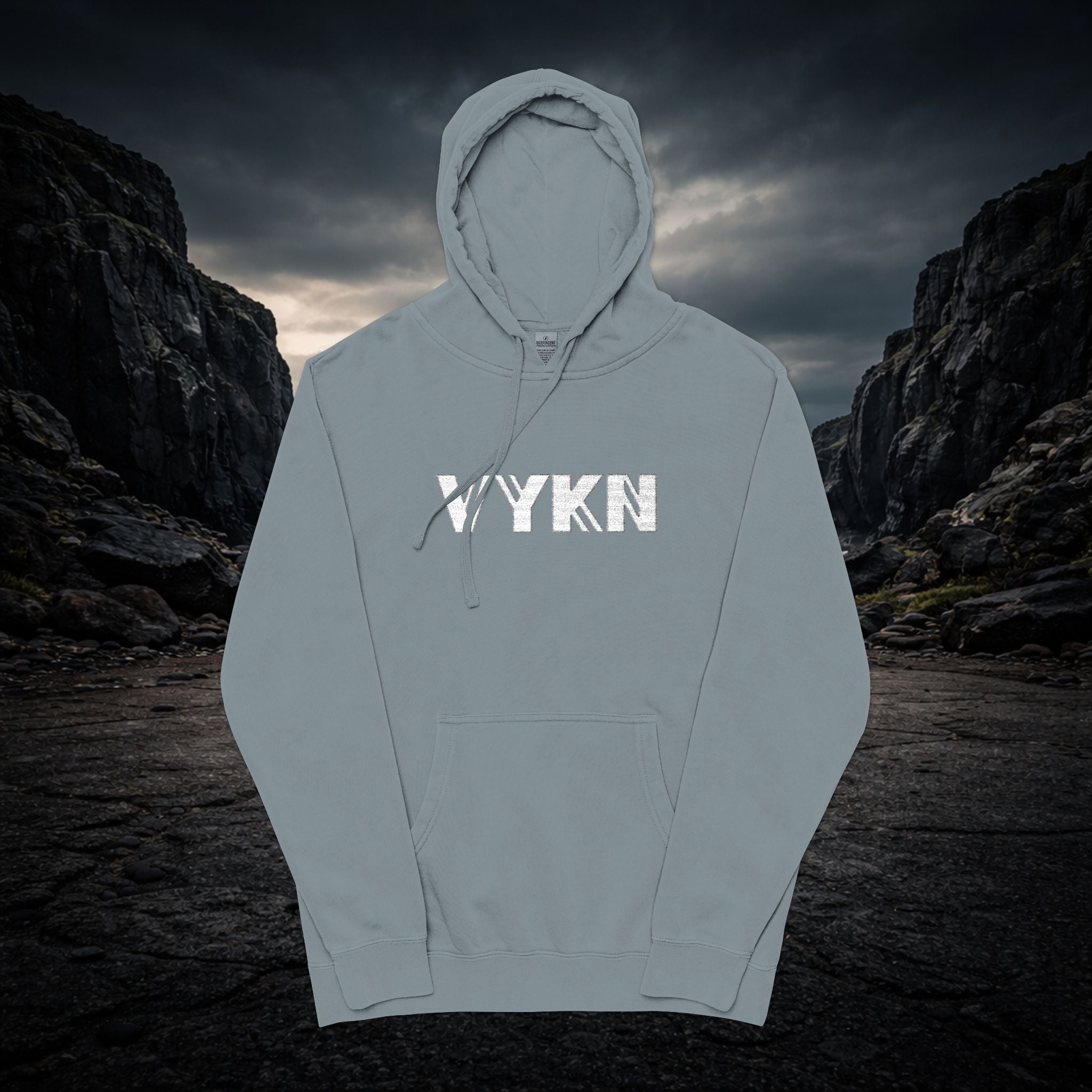 VYKN distressed embroidered hoodie in washed black with vintage worn detailing