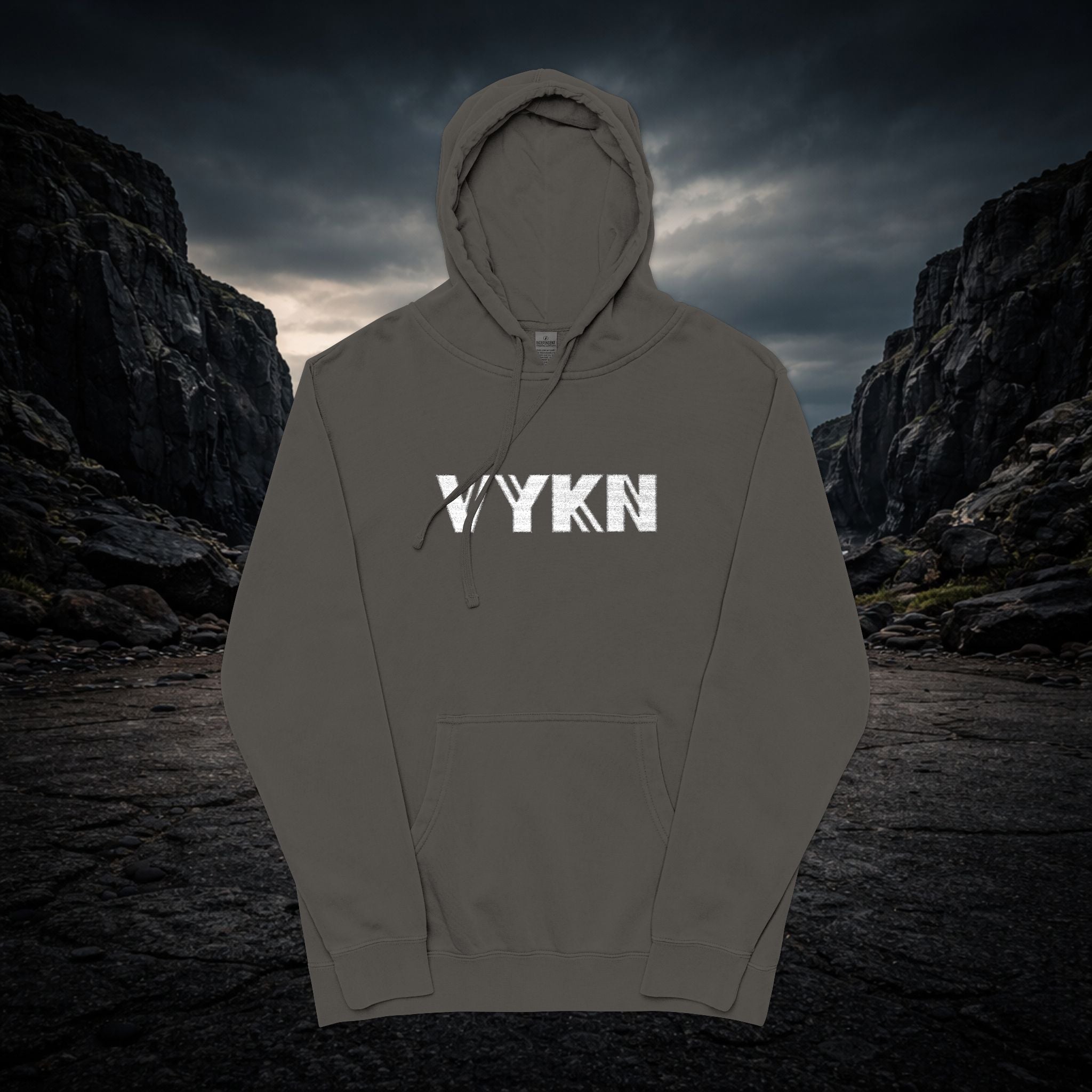 VYKN distressed embroidered hoodie in washed black with vintage worn detailing