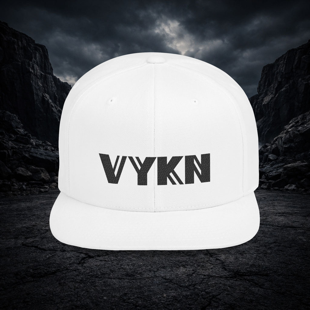 VYKN™ black flat bill snapback hat with bold logo on structured crown