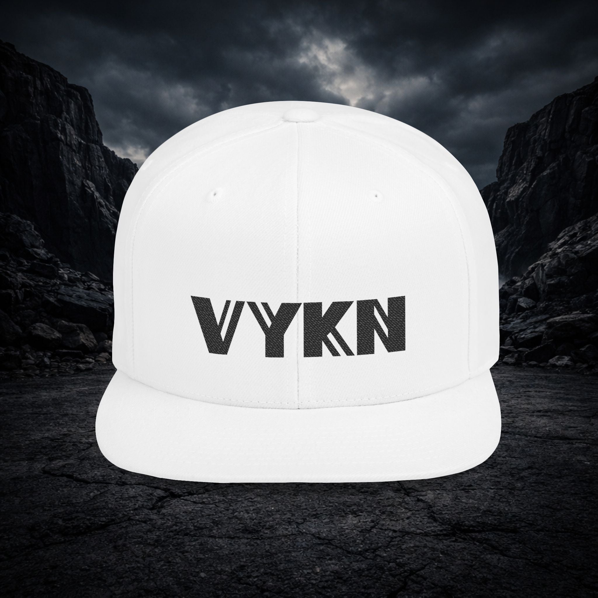 VYKN™ black flat bill snapback hat with bold logo on structured crown